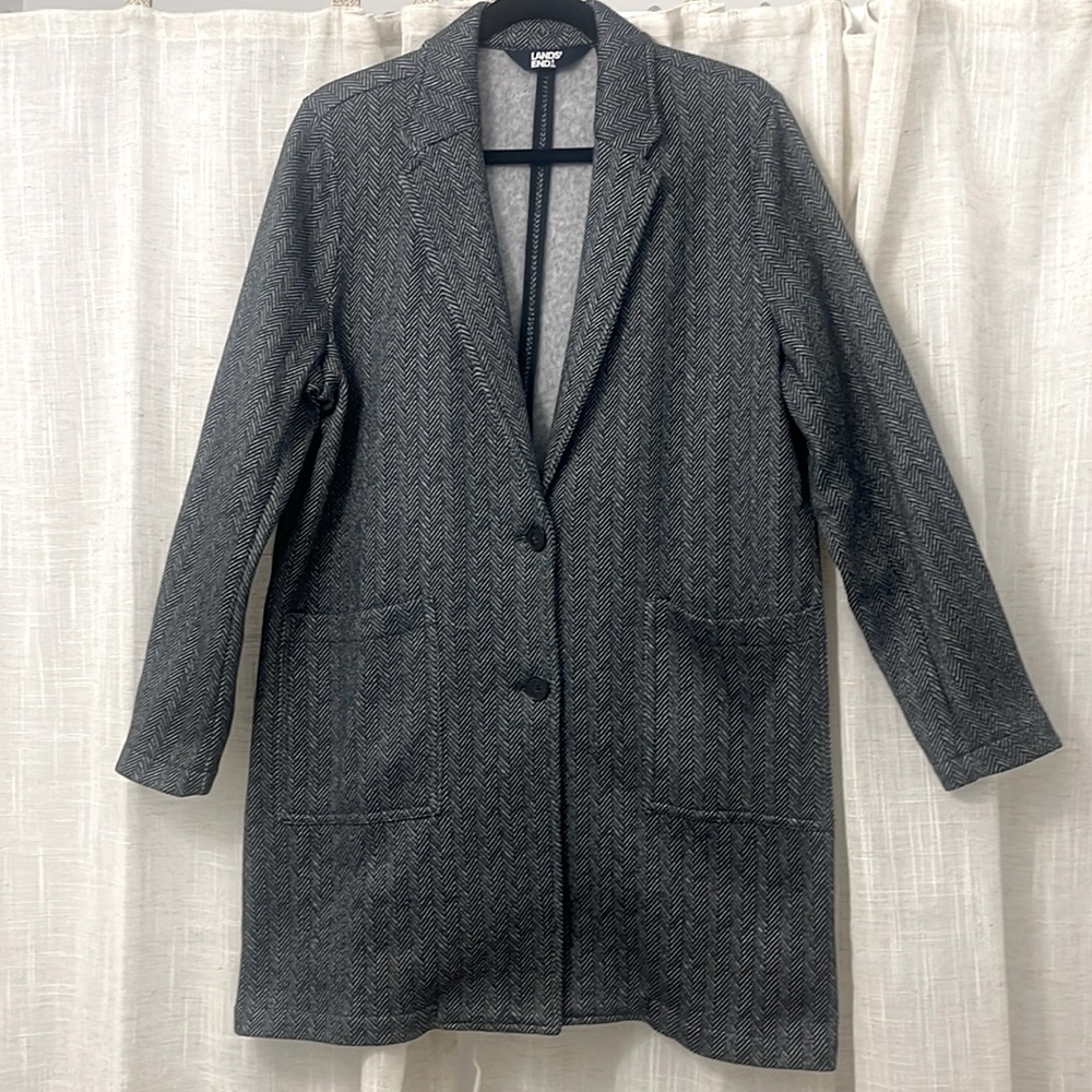 Lands’ End Fleece Blazer Black/White with pockets Size XL/P 18 EUC